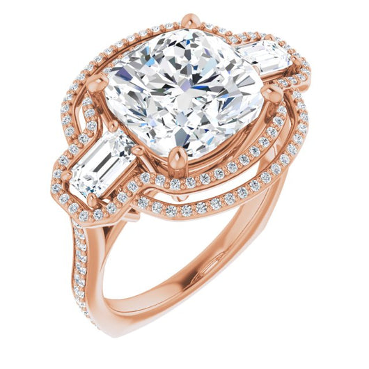 10K Rose Gold Customizable Enhanced 3-stone Style with Cushion Cut Center, Emerald Cut Accents, Double Halo and Thin Shared Prong Band