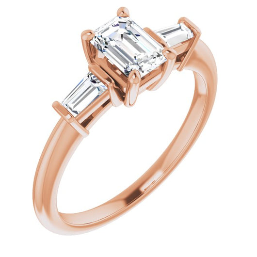 10K Rose Gold Customizable 3-stone Emerald/Radiant Cut Design with Dual Baguette Accents)