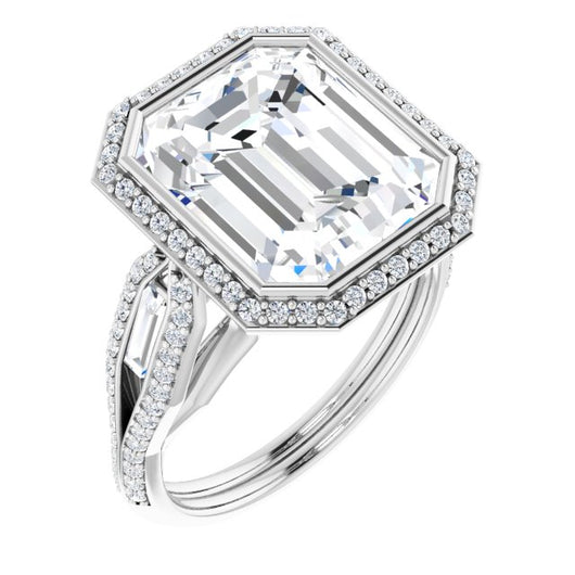 10K White Gold Customizable Cathedral-Bezel Emerald/Radiant Cut Design with Halo, Split-Pavé Band & Channel Baguettes