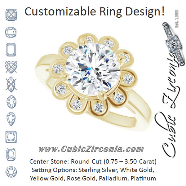 Cubic Zirconia Engagement Ring- The Mary Lou (Customizable 9-stone Round Cut Design with Round Bezel Side Stones)