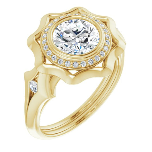 10K Yellow Gold Customizable Bezel-set Round Cut with Halo & Oversized Floral Design