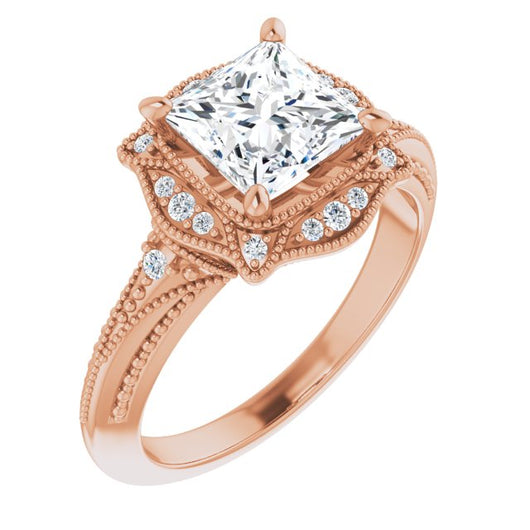 10K Rose Gold Customizable Vintage Princess/Square Cut Design with Beaded Milgrain and Starburst Semi-Halo