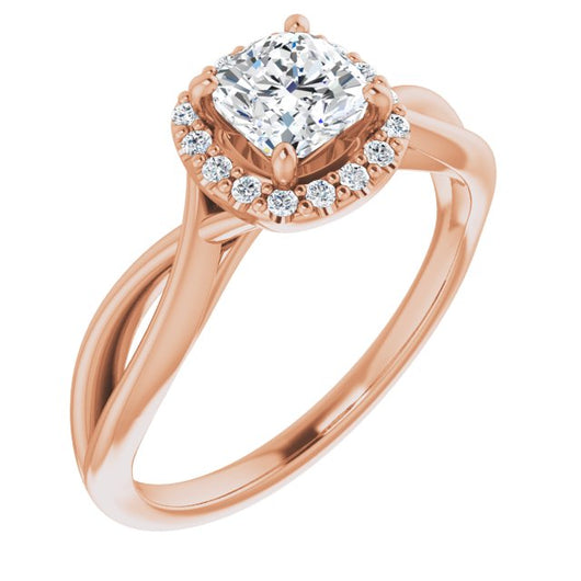 10K Rose Gold Customizable Cathedral-Halo Cushion Cut Design with Twisting Split Band