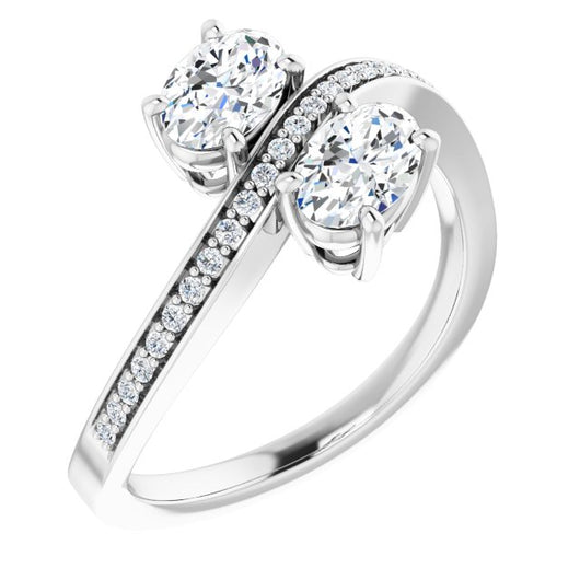 10K White Gold Customizable 2-stone Oval Cut Bypass Design with Thin Twisting Shared Prong Band