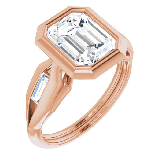 10K Rose Gold Customizable Bezel-set Emerald/Radiant Cut Design with Wide Split Band & Tension-Channel Baguette Accents