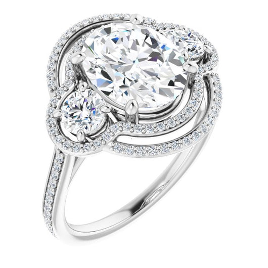 10K White Gold Customizable Enhanced 3-stone Double-Halo Style with Oval Cut Center and Thin Band