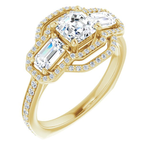 10K Yellow Gold Customizable Enhanced 3-stone Style with Asscher Cut Center, Emerald Cut Accents, Double Halo and Thin Shared Prong Band