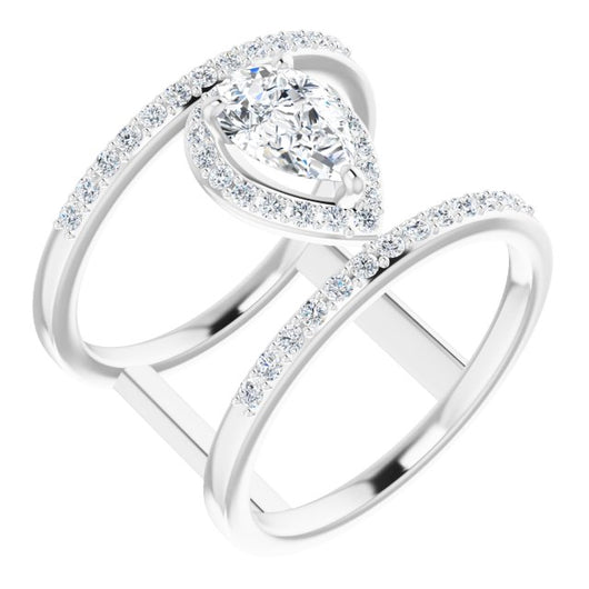 10K White Gold Customizable Pear Cut Halo Design with Open, Ultrawide Harness Double Pavé Band