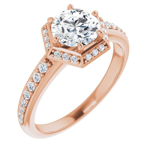 10K Rose Gold Customizable Round Cut Design with Geometric Under-Halo and Shared Prong Band