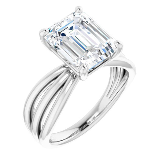 10K White Gold Customizable Emerald/Radiant Cut Solitaire Design with Wide, Ribboned Split-band