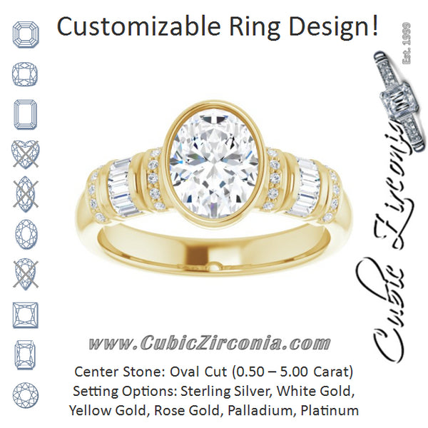 Cubic Zirconia Engagement Ring- The Coralie (Customizable Bezel-set Oval Cut Setting with Wide Sleeve-Accented Band)