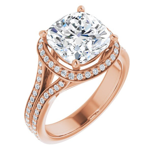 10K Rose Gold Customizable Cathedral-raised Cushion Cut Setting with Halo and Shared Prong Band