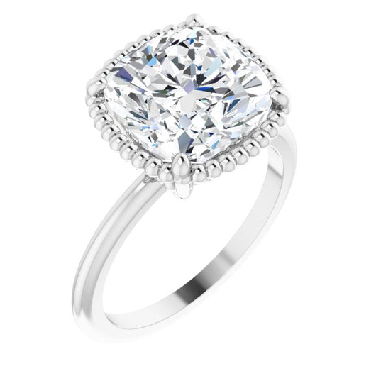 10K White Gold Customizable Cushion Cut Solitaire with Beaded Metallic Milgrain