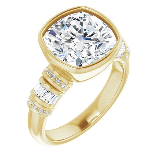 10K Yellow Gold Customizable Bezel-set Cushion Cut Setting with Wide Sleeve-Accented Band