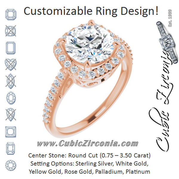 Cubic Zirconia Engagement Ring- The Zaya (Customizable Cathedral-Crown Round Cut Design with Halo and Accented Band)