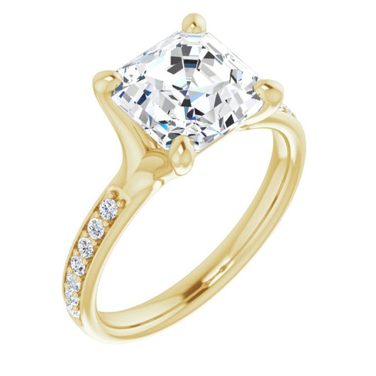 10K Yellow Gold Customizable Heavy Prong-Set Asscher Cut Style with Round Cut Band Accents