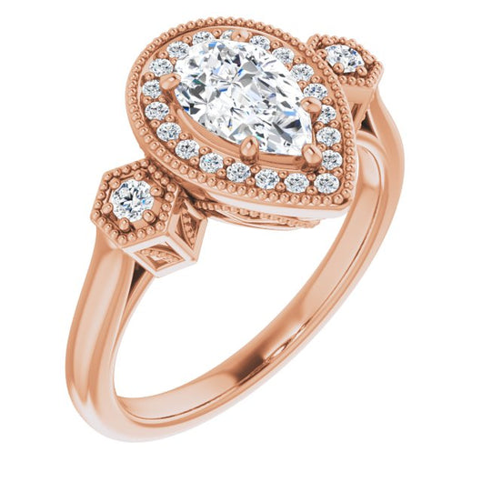 10K Rose Gold Customizable Cathedral Pear Cut Design with Halo and Delicate Milgrain