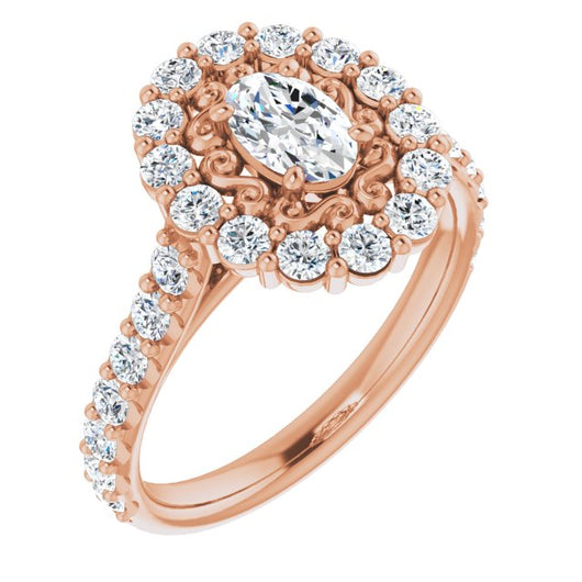 10K Rose Gold Customizable Oval Cut Cathedral Style with Oversized Halo