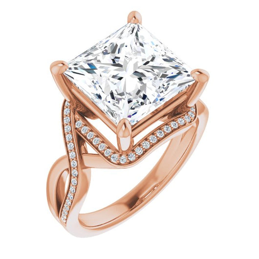 10K Rose Gold Customizable Bypass-Halo-Accented Princess/Square Cut Center with Twisting Split Shared Prong Band