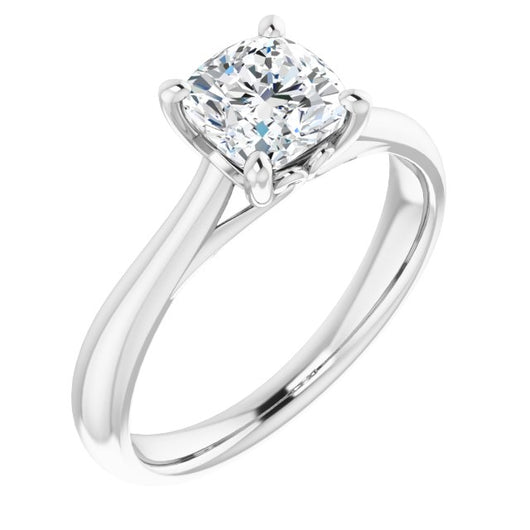 10K White Gold Customizable Cushion Cut Solitaire with Decorative Prongs & Tapered Band