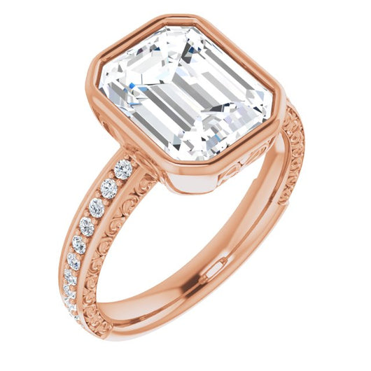 10K Rose Gold Customizable Bezel-set Emerald/Radiant Cut Design with Cloud-pattern Band & Semi-Eternity Accents