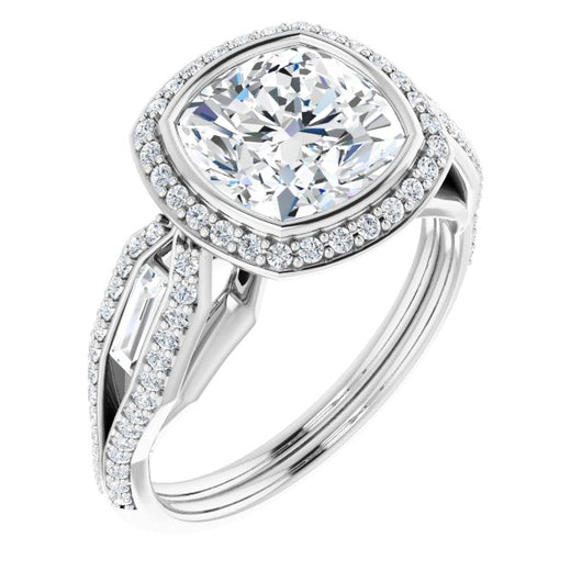 10K White Gold Customizable Cathedral-Bezel Cushion Cut Design with Halo, Split-Pavé Band & Channel Baguettes