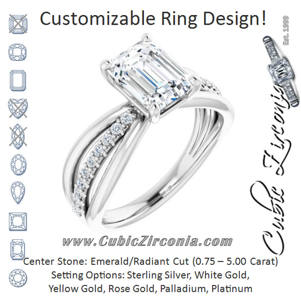 Cubic Zirconia Engagement Ring- The Rissa (Customizable Emerald Cut Design with Tri-Split Accented Band)