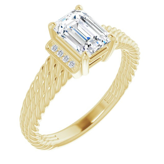 10K Yellow Gold Customizable 11-stone Design featuring Emerald/Radiant Cut Center, Vertical Round-Channel Accents & Wide Triple-Rope Band