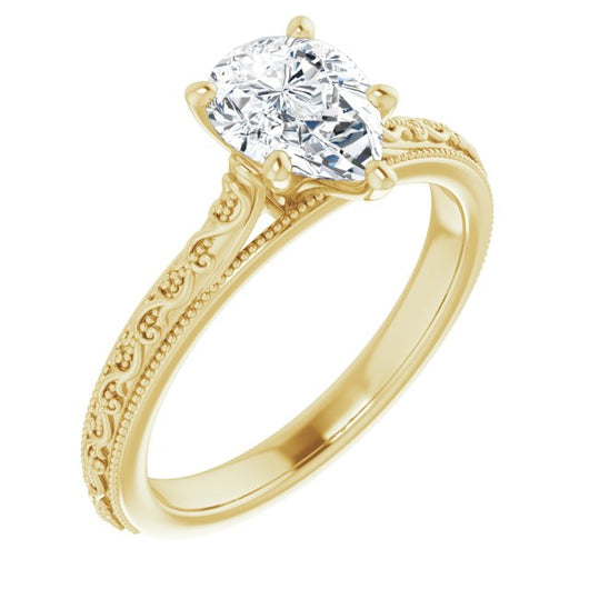 10K Yellow Gold Customizable Pear Cut Solitaire with Delicate Milgrain Filigree Band