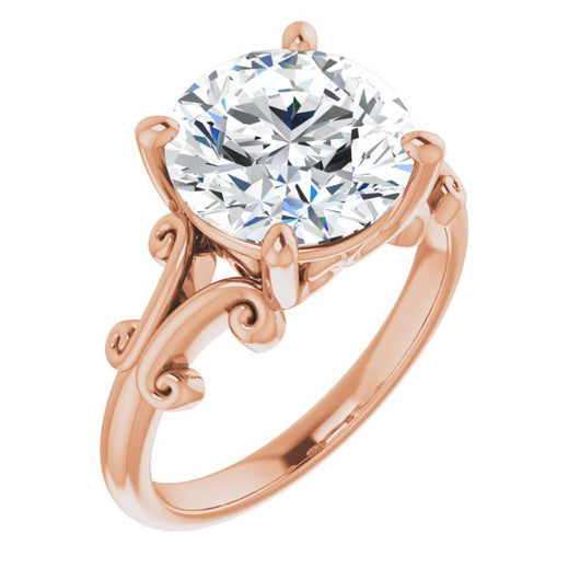 14K Rose Gold Customizable Round Cut Solitaire with Band Flourish and Decorative Trellis