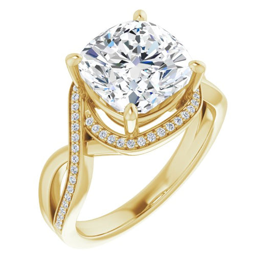 10K Yellow Gold Customizable Bypass-Halo-Accented Cushion Cut Center with Twisting Split Shared Prong Band