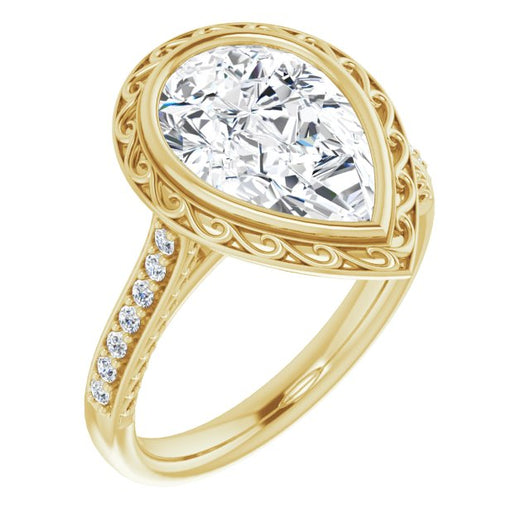 10K Yellow Gold Customizable Cathedral-Bezel Pear Cut Design featuring Accented Band with Filigree Inlay