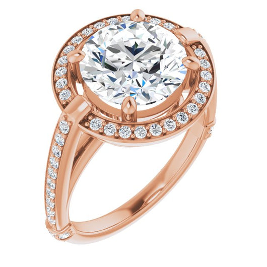 10K Rose Gold Customizable High-Cathedral Round Cut Design with Halo and Shared Prong Band