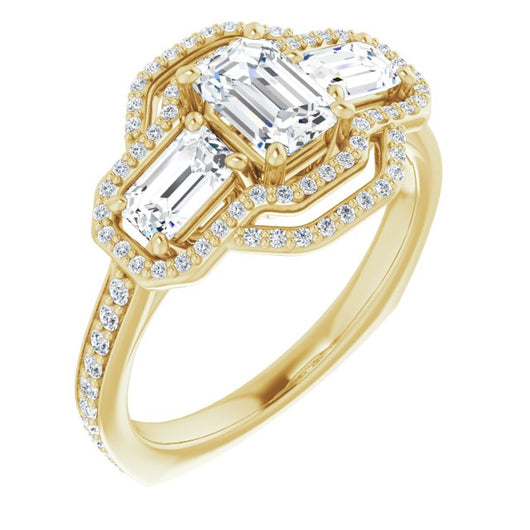 10K Yellow Gold Customizable Enhanced 3-stone Style with Emerald/Radiant Cut Center, Emerald Cut Accents, Double Halo and Thin Shared Prong Band