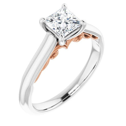 14K White & Rose Gold Customizable Princess/Square Cut Cathedral Solitaire with Two-Tone Option Decorative Trellis 'Down Under'