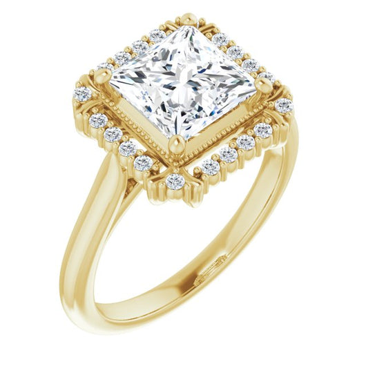 10K Yellow Gold Customizable Princess/Square Cut Design with Majestic Crown Halo and Raised Illusion Setting