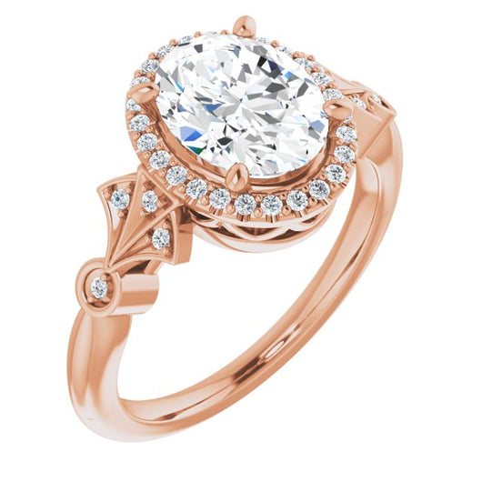 10K Rose Gold Customizable Cathedral-Crown Oval Cut Design with Halo and Scalloped Side Stones