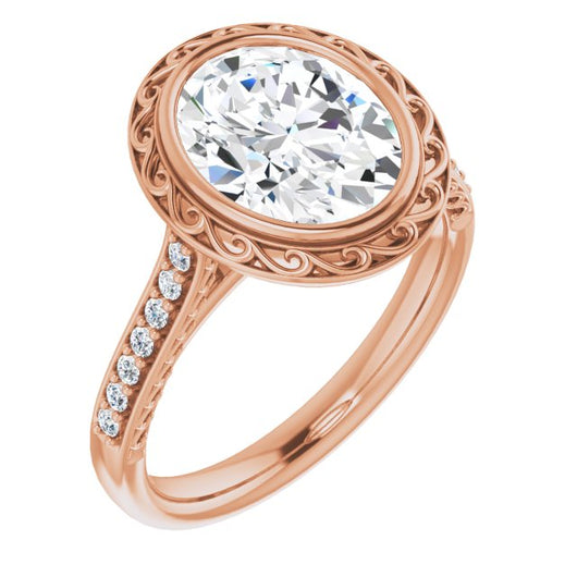 10K Rose Gold Customizable Cathedral-Bezel Oval Cut Design featuring Accented Band with Filigree Inlay