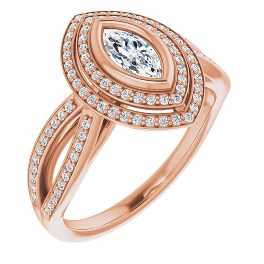 10K Rose Gold Customizable Bezel-set Marquise Cut Style with Double Halo and Split Shared Prong Band