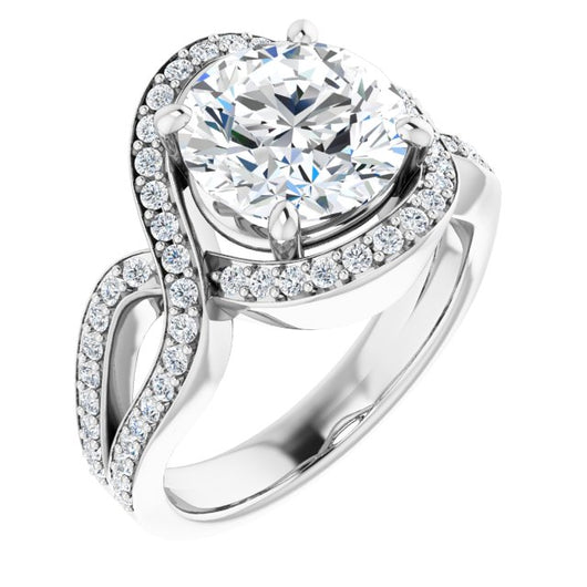 10K White Gold Customizable Round Cut Center with Infinity-inspired Split Shared Prong Band and Bypass Halo