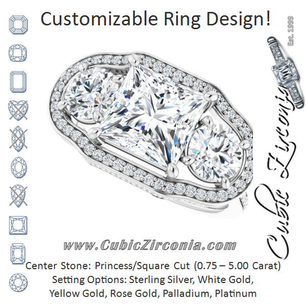 Cubic Zirconia Engagement Ring- The Iekika (Customizable 3-stone Princess/Square Cut Design with Multi-Halo Enhancement and 150+-stone Pavé Band)