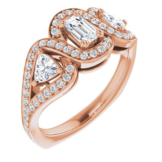 10K Rose Gold Customizable Emerald/Radiant Cut Center with Twin Trillion Accents, Twisting Shared Prong Split Band, and Halo