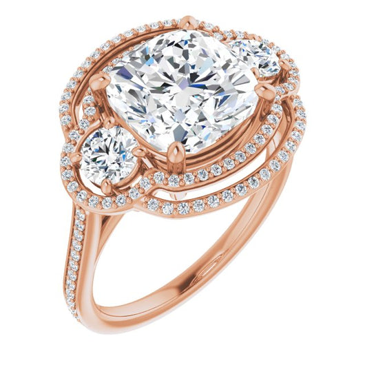 10K Rose Gold Customizable Enhanced 3-stone Double-Halo Style with Cushion Cut Center and Thin Band