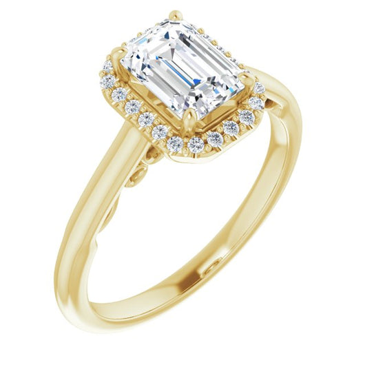 10K Yellow Gold Customizable Cathedral-Halo Emerald/Radiant Cut Style featuring Sculptural Trellis