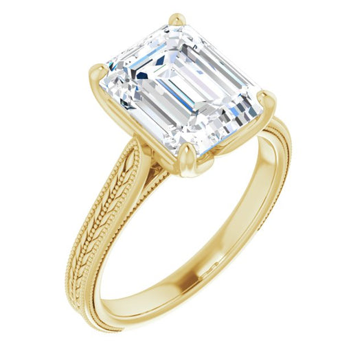 10K Yellow Gold Customizable Emerald/Radiant Cut Solitaire with Wheat-inspired Band 