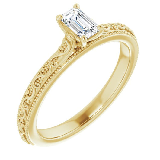 10K Yellow Gold Customizable Emerald/Radiant Cut Solitaire with Delicate Milgrain Filigree Band