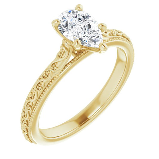 10K Yellow Gold Customizable Pear Cut Solitaire with Delicate Milgrain Filigree Band