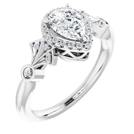 10K White Gold Customizable Cathedral-Crown Pear Cut Design with Halo and Scalloped Side Stones