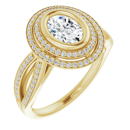 10K Yellow Gold Customizable Bezel-set Oval Cut Style with Double Halo and Split Shared Prong Band