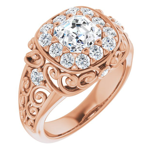 10K Rose Gold Customizable Asscher Cut Halo Style with Round Prong Side Stones and Intricate Metalwork